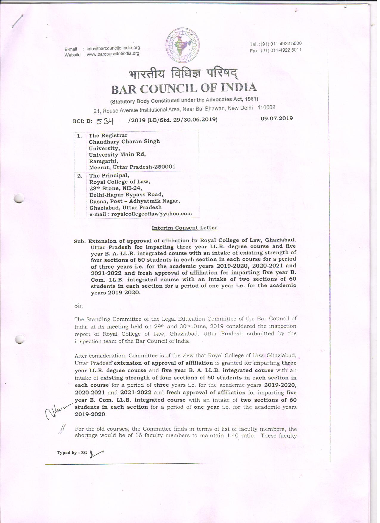 Bar Council Approval Letter